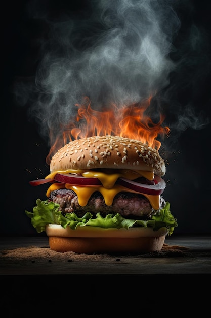 Burger dégoulinant juteux avec de la fumée et du feu en arrière-plan