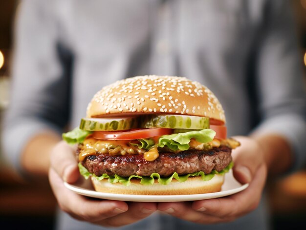 Burger délicieusement frais avec de la laitue croustillante Image de stock facilement accessible alimentée par l'IA générative