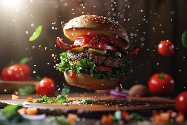 Burger délicieux avec des ingrédients flottants sur le fond de la table en bois