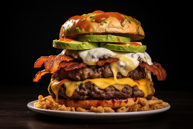 Burger double avec des anneaux d'oignon d'avocat, des nachos et des pommes de terre rustiques