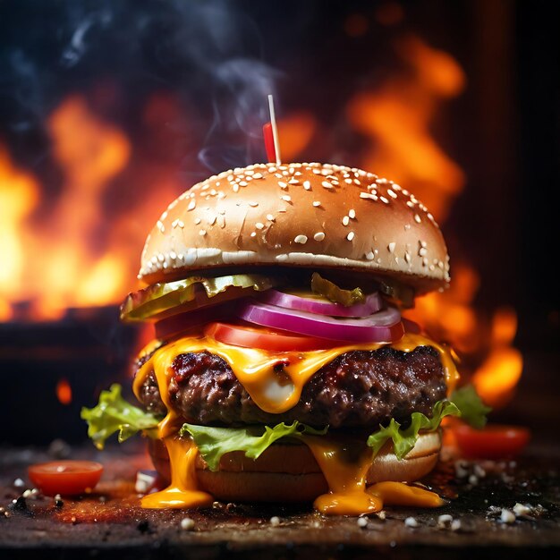 Photo burger avec du bœuf, des tomates et des herbes ai génératif