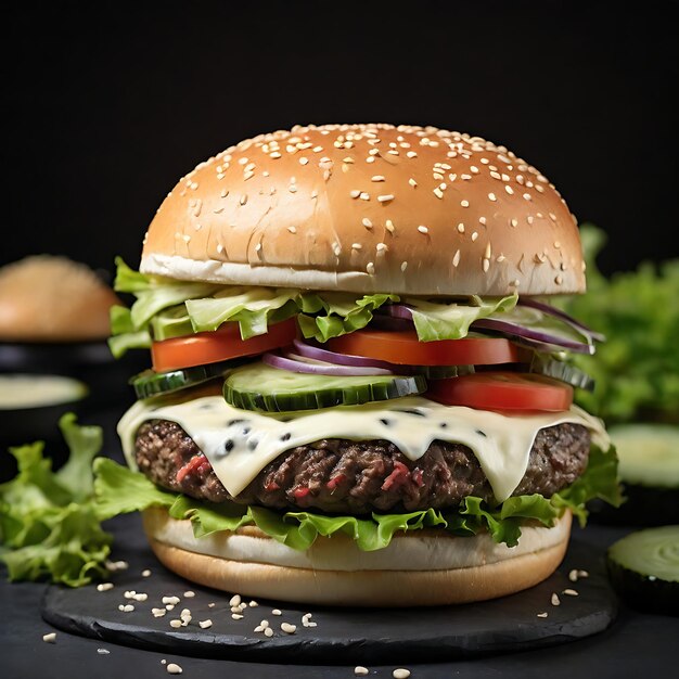 Photo burger avec du bœuf, des tomates et des herbes ai génératif