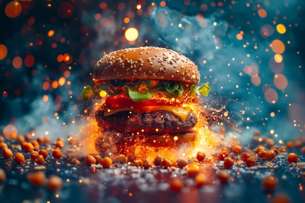 Burger avec du feu et de la fumée sur fond noir