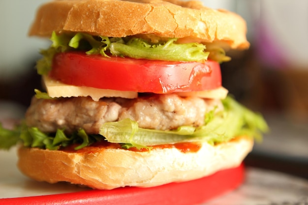 Burger avec du fromage escalope juteuse et des légumes frais sur le plateau Cuisine burger dans la cuisine à domicile Gros plan
