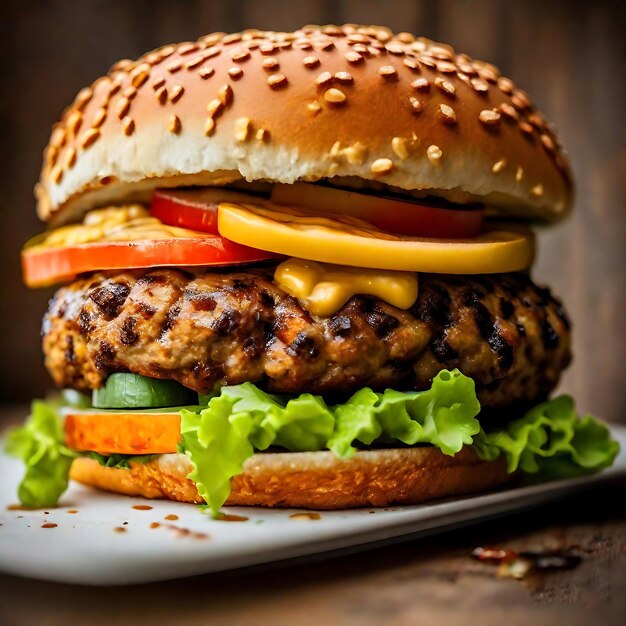 Burger explosant gratuit avec des légumes et du fromage fondu génératif ai