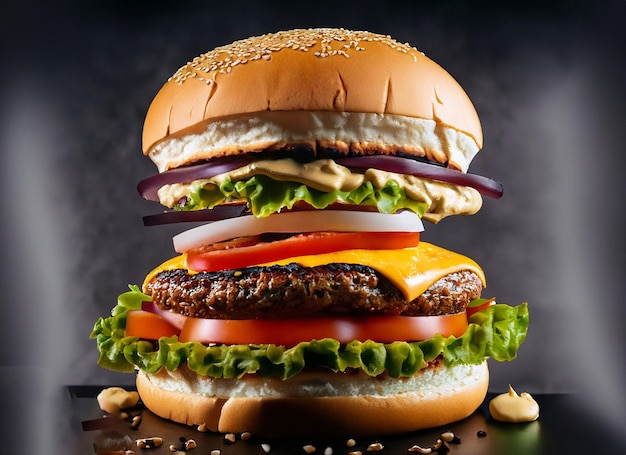 Burger explosant avec des légumes et du fromage fondu sur fond noir