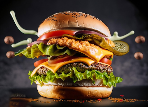 Burger explosif avec légumes et fromage fondu sur fond noir