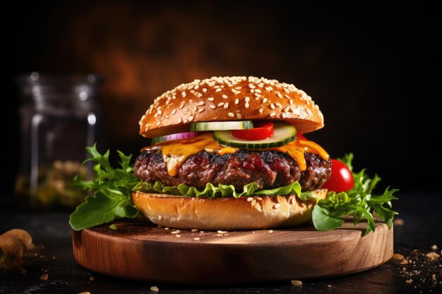 Burger fait maison sur une petite planche de bois sur fond sombre