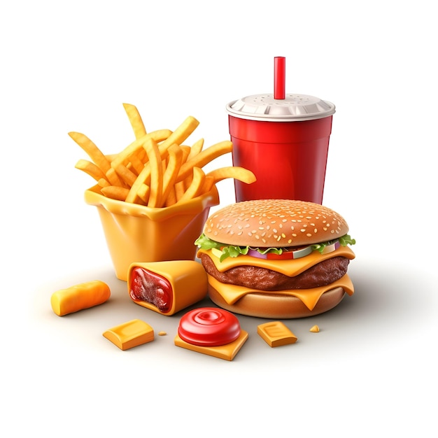 Burger fast food frites et boisson illustration en 3D