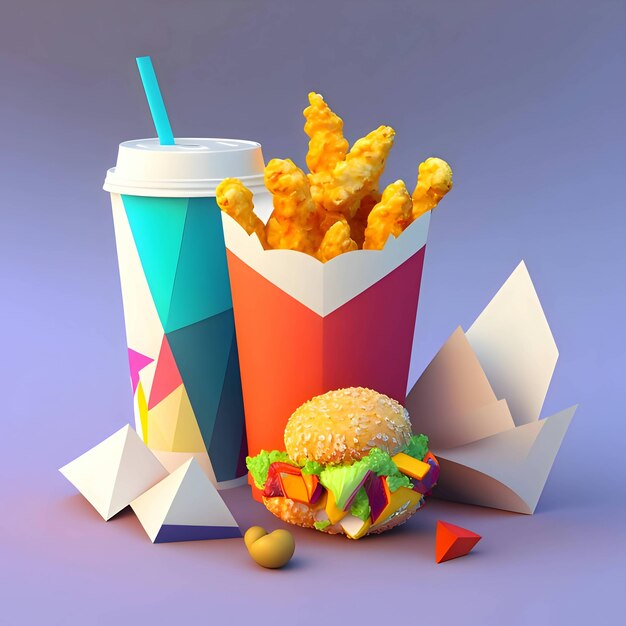 Photo burger fast food frites et cola dans une tasse en papier illustration 3d