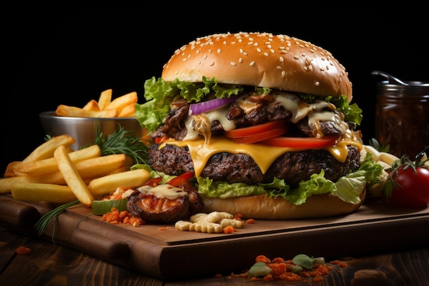 Burger festin burgers de boeuf artisanaux légumes et frites sur une planche de bois