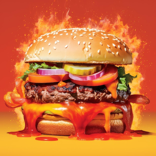 Un burger avec une flamme dessus qui dit « burger ».