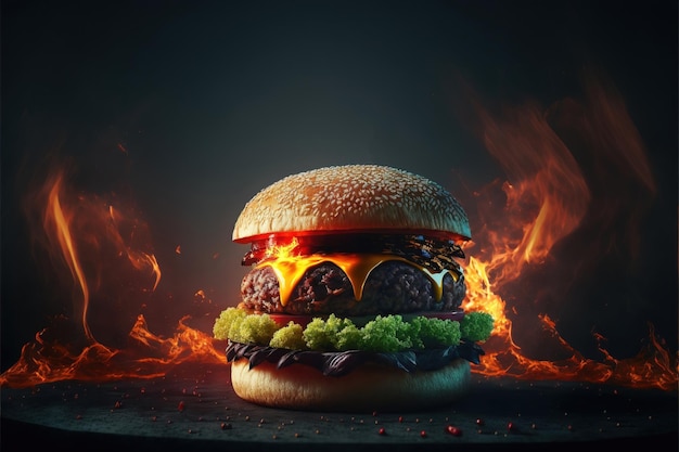 Burger avec une flamme sur le dessus