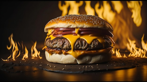 Burger en flammes burger juteux au fromage en flammes de feu Burger de boeuf en feu