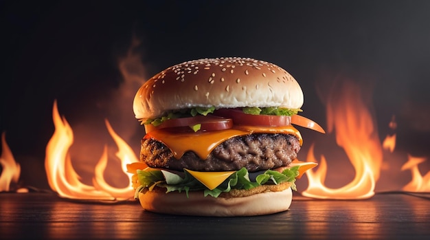 Burger avec des flammes de feu sur fond de texture noire