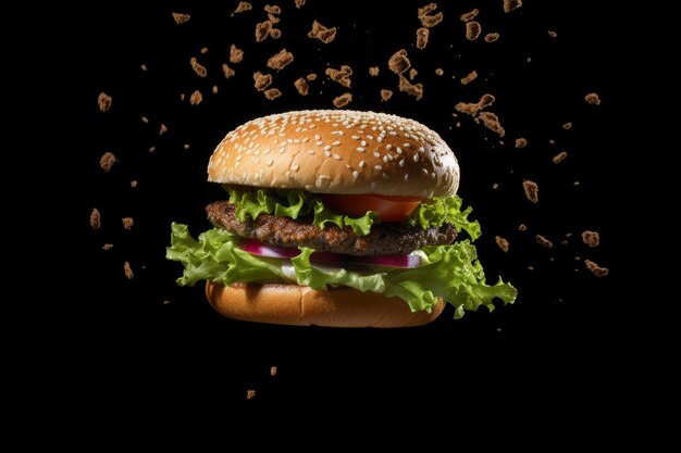 Burger flottant sur une surface sombre