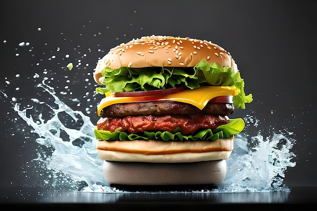 burger avec fond d'eau éclaboussant