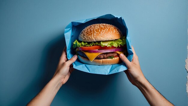 Burger sur fond de papier bleu burger dans l'emballage