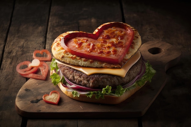 Burger en forme de coeur avec deux couches d'escalope de viande et d'oignons grillés