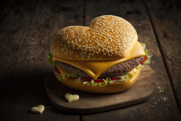 Burger en forme de coeur avec deux couches de fromage et de boeuf entre un pain au sésame