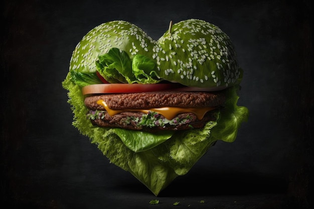 Burger en forme de coeur avec galette de boeuf et feuilles de laitue