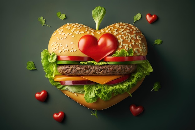 Burger en forme de coeur avec des tomates rouge vif et des feuilles de laitue verte