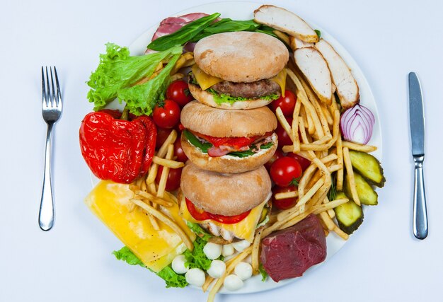 Burger frais dans une assiette avec légumes et frites