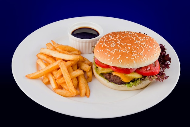 Photo burger frais et savoureux avec une galette de boeuf avec tomate, fromage, concombre avec un accompagnement de frites et de sauce.