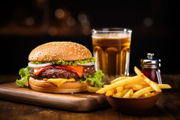 Photo burger, frites et bière