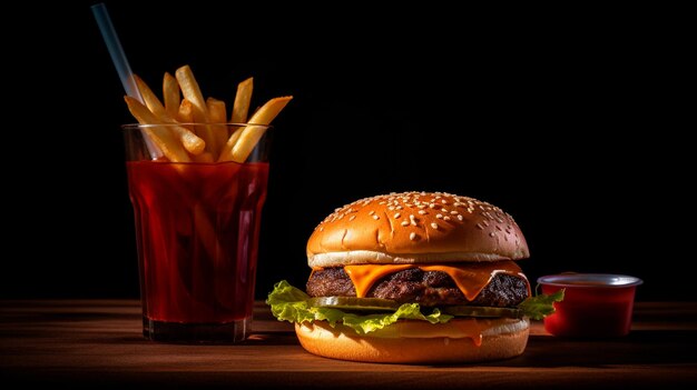 Burger frites boisson cola sur fond noir Plats à emporter Restauration rapide AI générative