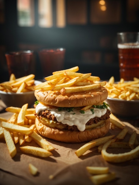 Burger et frites croustillantes avec du ketchup et de la mayonnaise