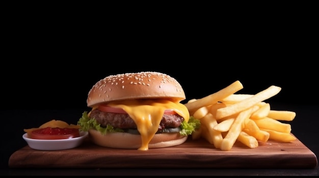 burger et frites sur fond noir IA générative