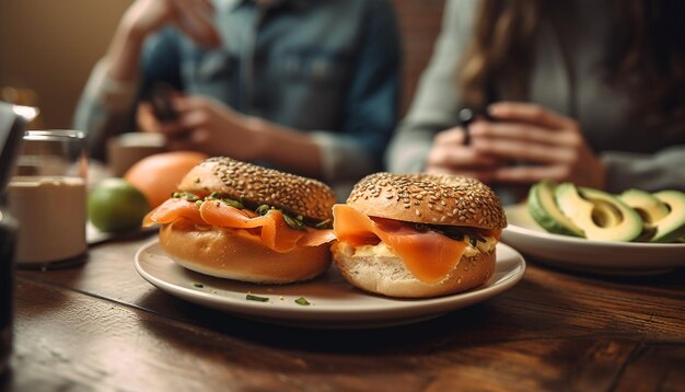 Photo burger et frites fraîchement grillés sur une table en bois rustique à l'intérieur générés par l'ia