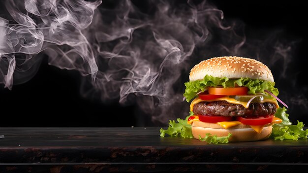 Photo burger à fromage double isolé sur fond noir bannière publicitaire de restauration rapide avec espace de copie