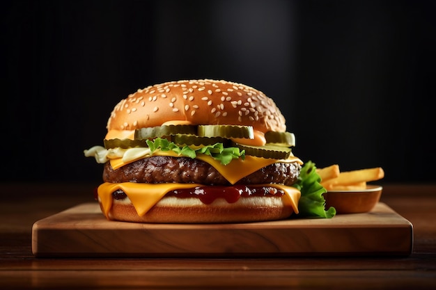 Burger fromage double légumes sur une plaque de bois fond sombre