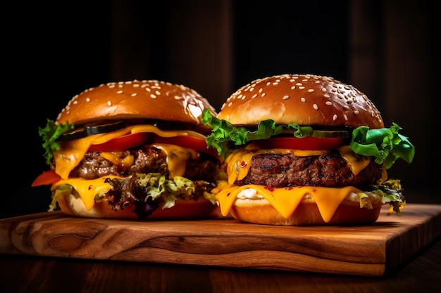 Burger fromage double légumes sur une plaque de bois fond sombre