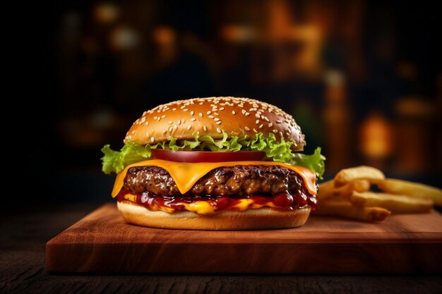 Burger fromage double légumes sur une plaque de bois fond sombre