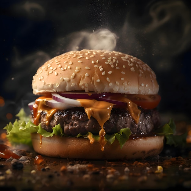 Burger avec de la fumée sur un gros plan de fond noir