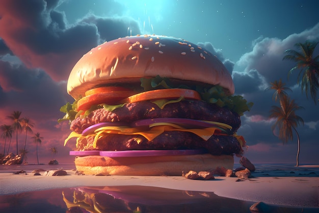 Burger géant avec de délicieux ingrédients sur la plage