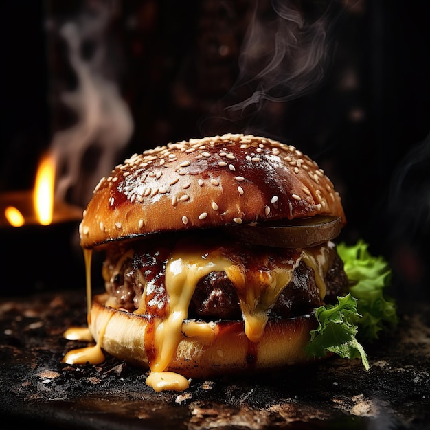 Burger gourmand au boeuf et fromage fondu dégoulinant