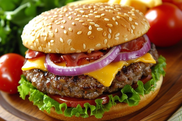 Burger gourmet extravagant des galettes à l'eau à la bouche au milieu d'un décor captivant