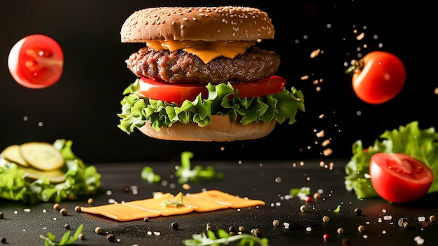 Burger gourmet flottant dans l'air avec des ingrédients sur un fond noir