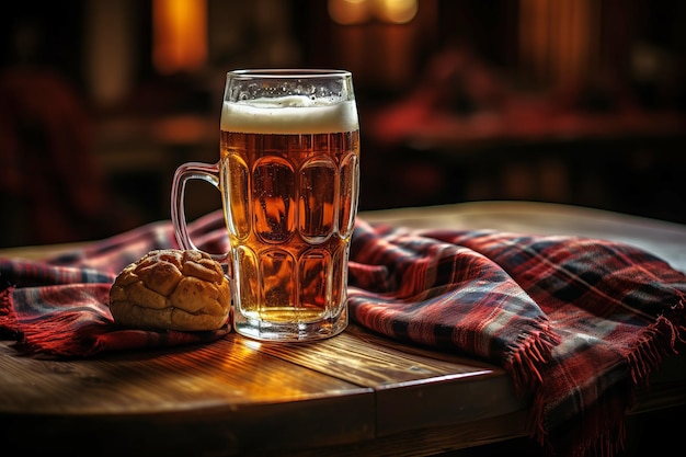 Burger grillé et bière mousseuse dans un verre de pinte doré sur la table en bois avec serviette