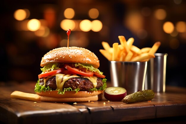 Burger grillé et frites sur une table en bois avec un arrière-plan flou