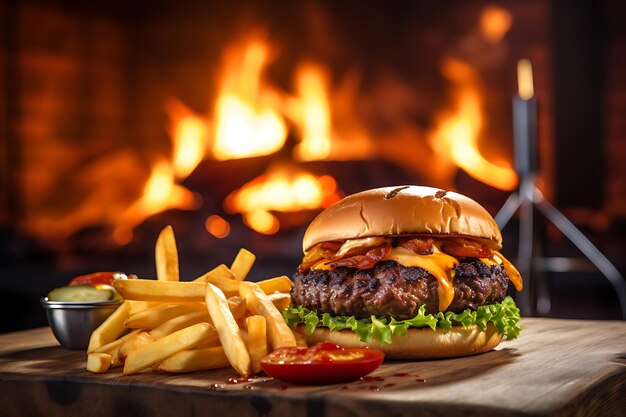 Burger grillé avec des frites sur une table en bois dans l'arrière-plan flou