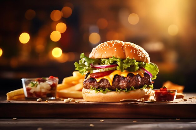 Burger grillé avec des frites sur une table en bois dans l'arrière-plan flou