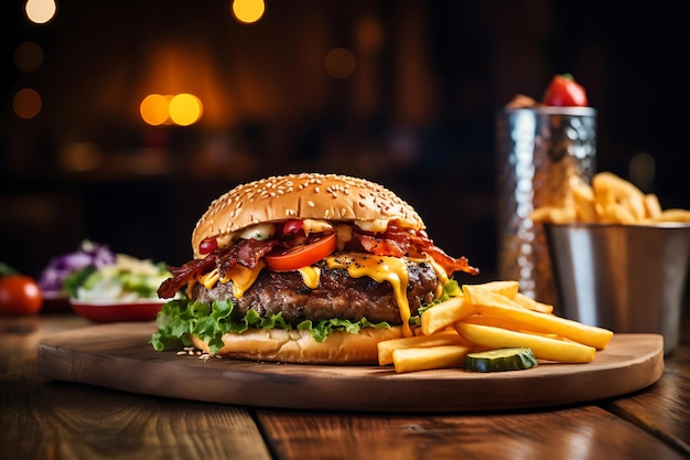 Burger grillé avec des frites sur une table en bois dans l'arrière-plan flou