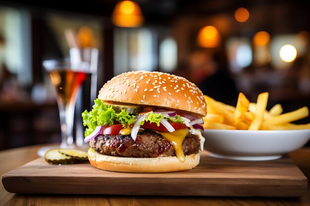 Burger grillé avec des frites sur une table en bois dans l'arrière-plan flou