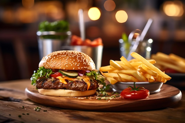 Burger grillé avec des frites sur une table en bois dans l'arrière-plan flou