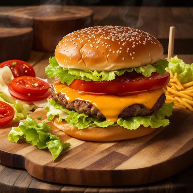 Burger grillé avec fromage et légumes frais sur une table en bois